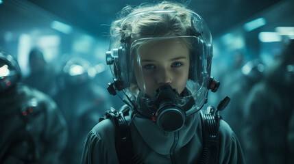 Portrait of cute little girl in protective breathing mask - obrazy, fototapety, plakaty