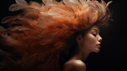 Portrait einer Frau mit braunen Federn als Haarschmuck. Profil. Illustration vor dunklem Hintergrund - obrazy, fototapety, plakaty