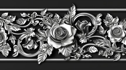 Black and White Rose and Leaves Border