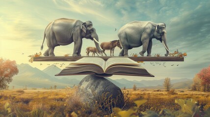 fantasy scene where elephants and donkeys are balancing on a seesaw placed over a book of laws, highlighting the delicate balance of power and legal principles