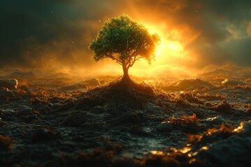 A majestic tree reaches towards the cloudy sky, braving the heat and fog of the outdoor landscape, as it stands tall by the tranquil water, surrounded by the beauty of nature's sunset and sunrise - Powered by Adobe