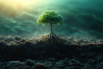 Nature's resilience shines as a mighty tree emerges from the earth, standing tall and proud in its outdoor kingdom - obrazy, fototapety, plakaty