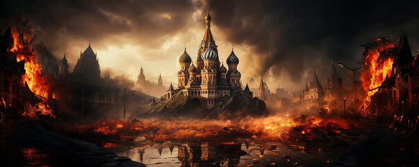skyline of red square of the Russian capital Moscow on fire and war smoke and apocalyptical conflict with ruins and demonstration protests environment as wide banner design - obrazy, fototapety, plakaty
