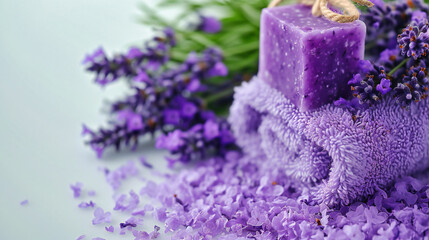Obraz na płótnie Canvas Spa and aromatherapy setup with lavender flowers, natural soaps, and candles for a peaceful relaxation