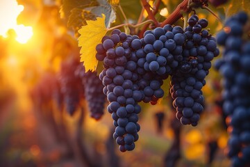Amidst the vibrant hues of autumn, a cluster of plump, seedless grapes cling to a sturdy vine, beckoning to be plucked and savored as the ultimate symbol of abundance and nature's bounty