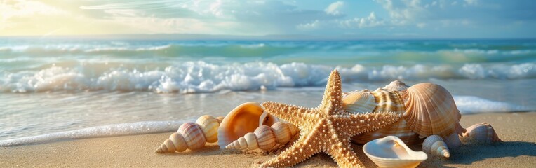 Starfish and Seashells on Sandy Beach - obrazy, fototapety, plakaty