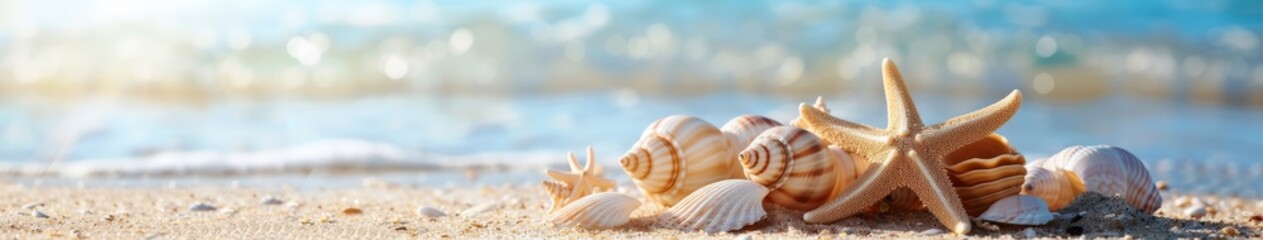 Seashells and Starfish on Sandy Beach - obrazy, fototapety, plakaty