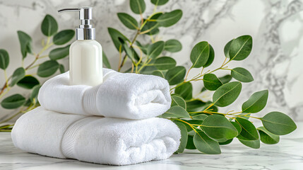 Spa essentials with white towels, soap, and flowers, creating a serene and therapeutic ambiance