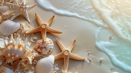 Sea Shells and Starfish on a Sandy Beach