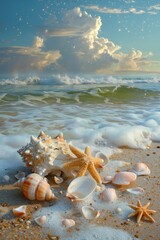 Obraz na płótnie Canvas Seashells and Starfish on a Sandy Beach