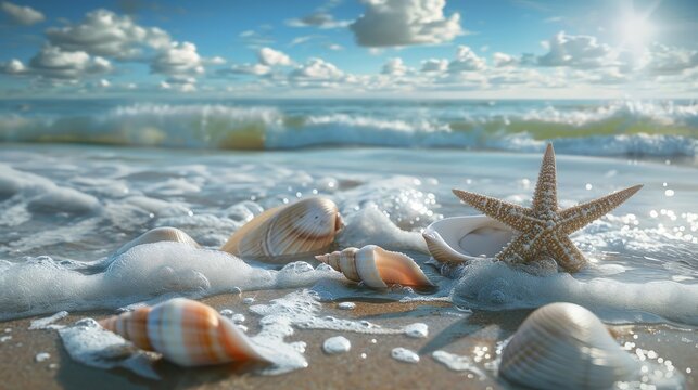 Starfish and Seashells on Sandy Beach