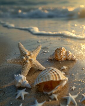 Starfish and Seashells on Beach at Sunset