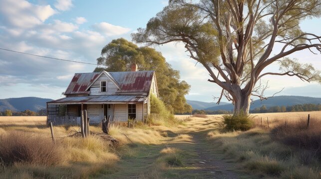 an old dilapidated house, weathered by time and neglect, in a realistic photograph that evokes a sense of nostalgia and abandonment.