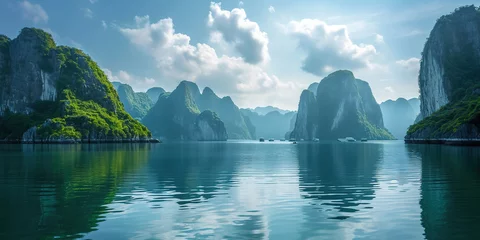 Gardinen Ha Long Bay, Halong bay World Heritage Site, limestone islands, emerald waters with boats in Quảng Ninh province, Vietnam. Travel destination, natural wonder landscape background wallpaper © Gajus