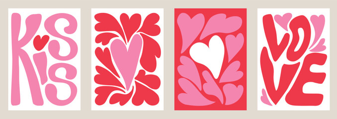 Creative concept of Happy Valentines Day cards set. Modern abstract art design with hearts and modern hand-drawn typography.