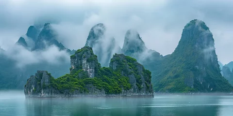  Ha Long Bay, Halong bay World Heritage Site, limestone islands, emerald waters with boats in Quảng Ninh province, Vietnam. Travel destination, natural wonder landscape background wallpaper © Ars Nova