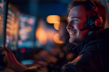 Fototapeta na wymiar Smiling Man Engrossed in Video Game With Headset