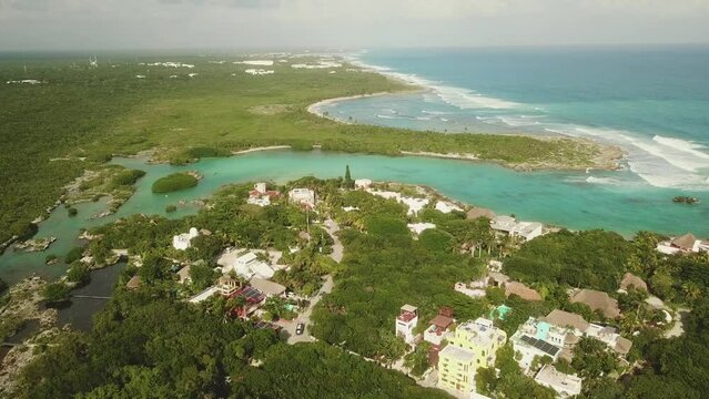 Aerial view of Caleta Tankah, a natural aquarium in Akumal , Riviera Maya, Mexico