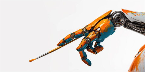 A robotic arm painted in vibrant orange and blue extends with precision, isolated on a white background, illustrating modern automation technology.