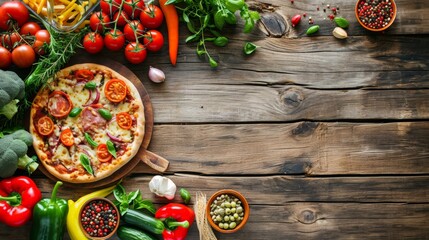 Pizza on Wooden Table With Vegetable Garnish