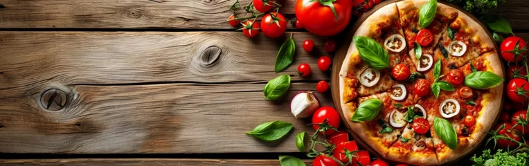 Foto op Canvas Pizza on Wooden Table With Tomatoes and Vegetables © BrandwayArt