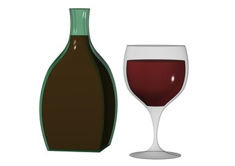 Fiasco di vino con bicchiere da vino rosso