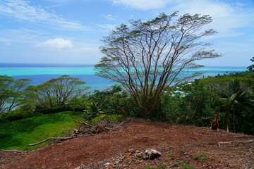 Landscape view of the coast in Raiatea, Society Islands, French Polynesia, and the South Pacific Ocean