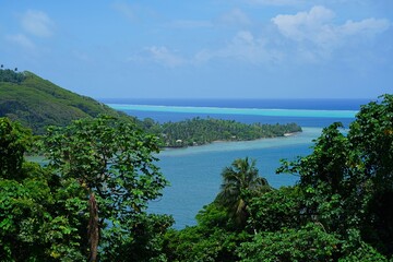 Landscape view of the coast in Raiatea, Society Islands, French Polynesia, and the South Pacific...