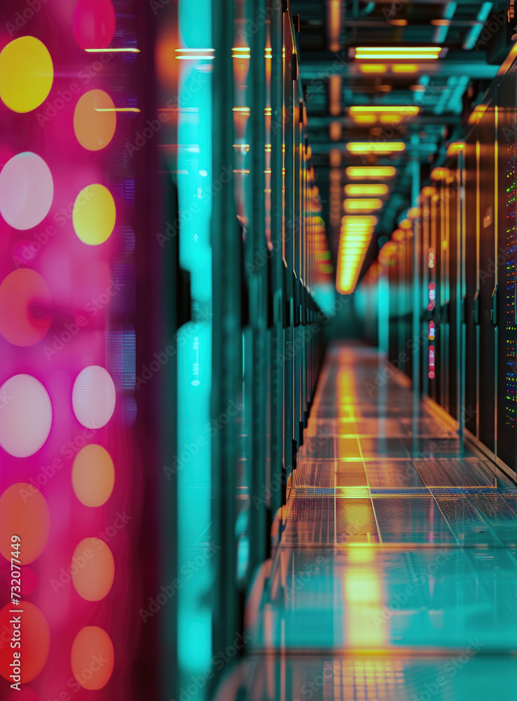 Poster interior is filled with rows of server racks with lights that glow in different colors, indicating t