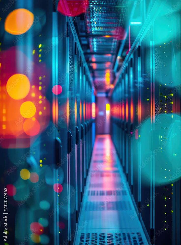 Poster interior is filled with rows of server racks with lights that glow in different colors, indicating t
