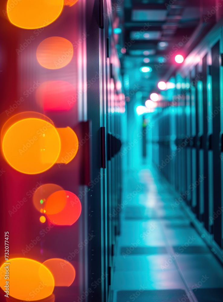 Poster interior is filled with rows of server racks with lights that glow in different colors, indicating t