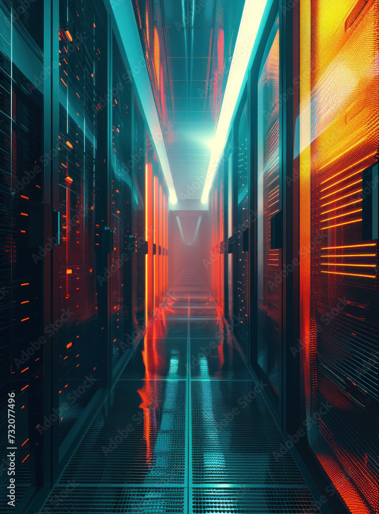 Poster interior is filled with rows of server racks with lights that glow in different colors, indicating t