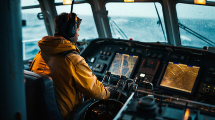 A ship captain consulting a navigation system that utilizes satellite communication to plot the most efficient route through rough waters. - obrazy, fototapety, plakaty