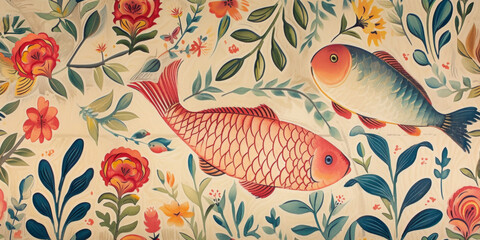 Seamless pattern of illustration of a fish swimming among vibrant vintage background. - obrazy, fototapety, plakaty