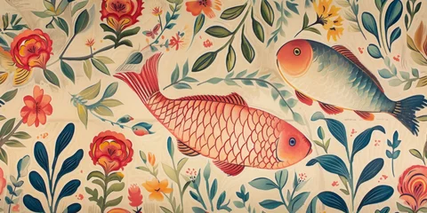 Poster Seamless pattern of illustration of a fish swimming among vibrant vintage background. © mshynkarchuk