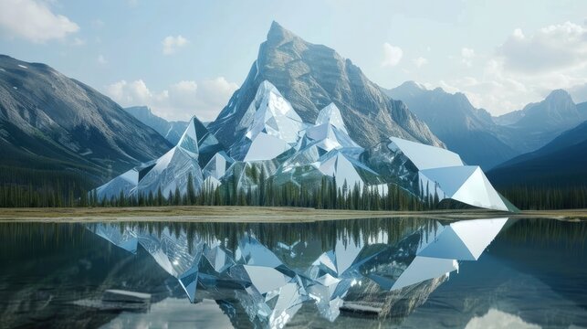 a mountain landscape crafted entirely from mirrors in a realistic photograph, reflecting the surrounding environment and creating a mesmerizing optical illusion. © lililia