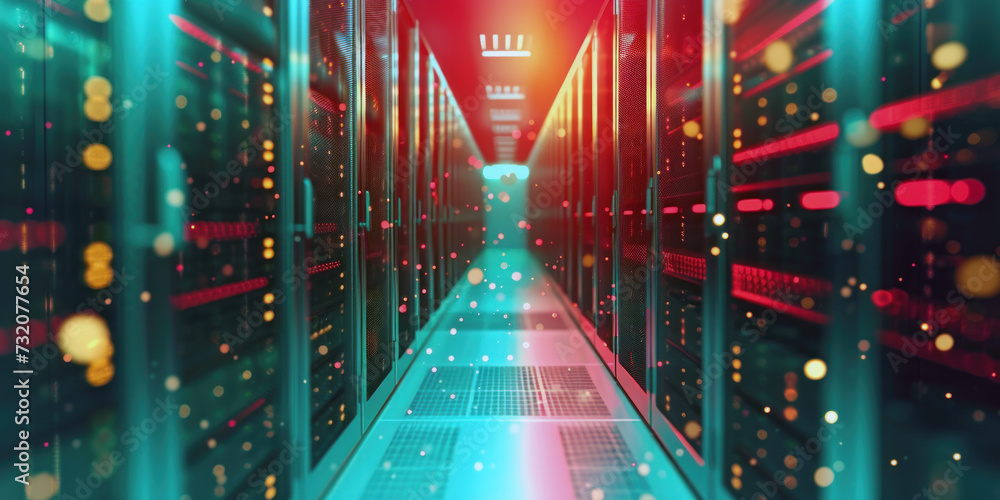 Poster interior is filled with rows of server racks with lights that glow in different colors, indicating t