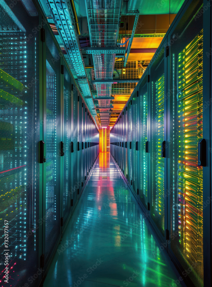 Poster interior is filled with rows of server racks with lights that glow in different colors, indicating t