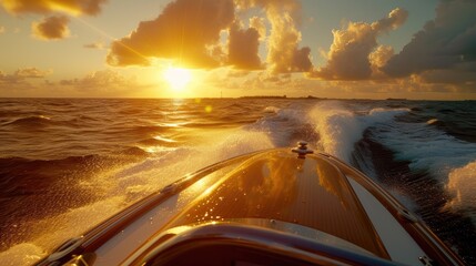 Obraz premium speedboating through with a realistic close-up shot from the back seat of a speedboat, showcasing the mesmerizing ocean vista during the golden hour, enhanced by captivating shadow play.