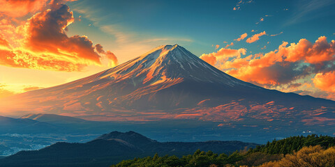 Mt. Fuji, mount Fuji-san tallest volcano mountain in Tokyo, Japan. Snow capped peak, conical sacred symbol, purple, orange sunset nature landscape backdrop background wallpaper, travel destination - obrazy, fototapety, plakaty