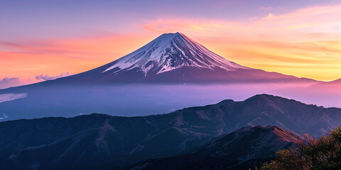 Mt. Fuji, mount Fuji-san tallest volcano mountain in Tokyo, Japan. Snow capped peak, conical sacred symbol, purple, orange sunset nature landscape backdrop background wallpaper, travel destination