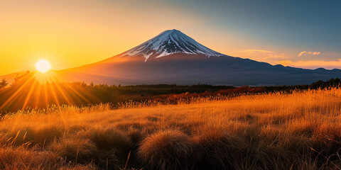 Mt. Fuji, mount Fuji-san tallest volcano mountain in Tokyo, Japan. Snow capped peak, conical sacred...