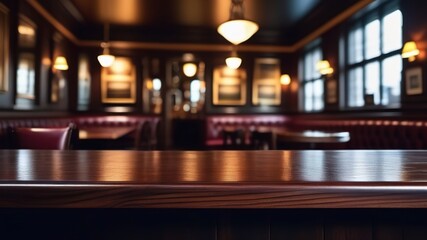 Empty wooden table top with blur background of irish pub. Generated with AI - obrazy, fototapety, plakaty