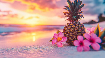Summery Beach Scene with Fresh Pineapple, Inviting a Taste of Tropical Bliss on a Sunny Seaside Holiday