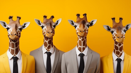 cute and funny giraffe dressed as business team, background yellow
