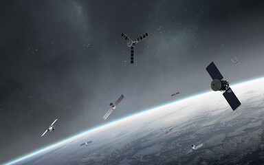 3D illustration of a graveyard of satellites, junk and debris swirls around the Earth. High quality...