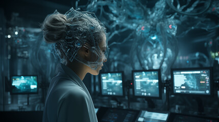 Fototapeta premium A young beautiful woman in control of many computers using a virtual reality helmet
