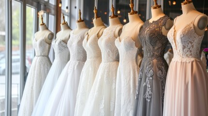 A collection of stunning wedding dresses showcases diverse styles and intricate designs in a well-lit bridal boutique..