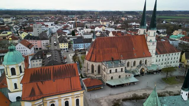 Aerial towards St Phillipus and Jacobus Stiftskirche church in Altoetting