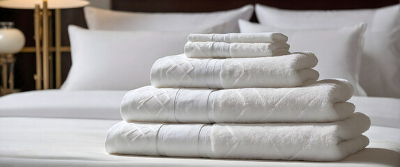 Fototapeta na wymiar Set of clean white towels set stacked on bed in hotel room, leisure, vacation and travel concept, template, background, banner with copy space area